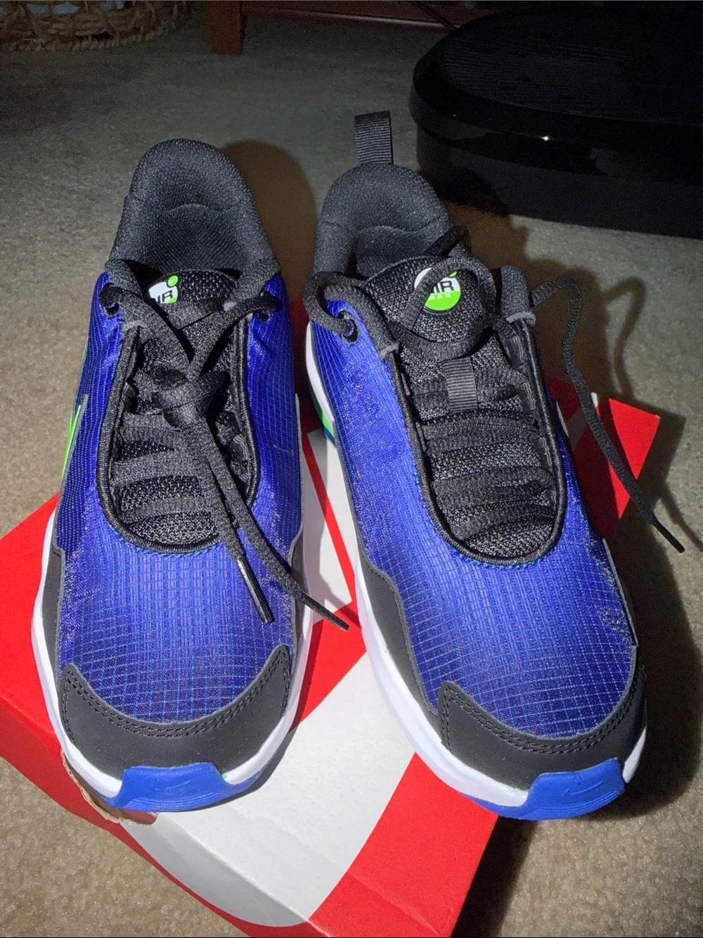 Nike Kids Blue and Black Sneakers with Lime Green Swoosh